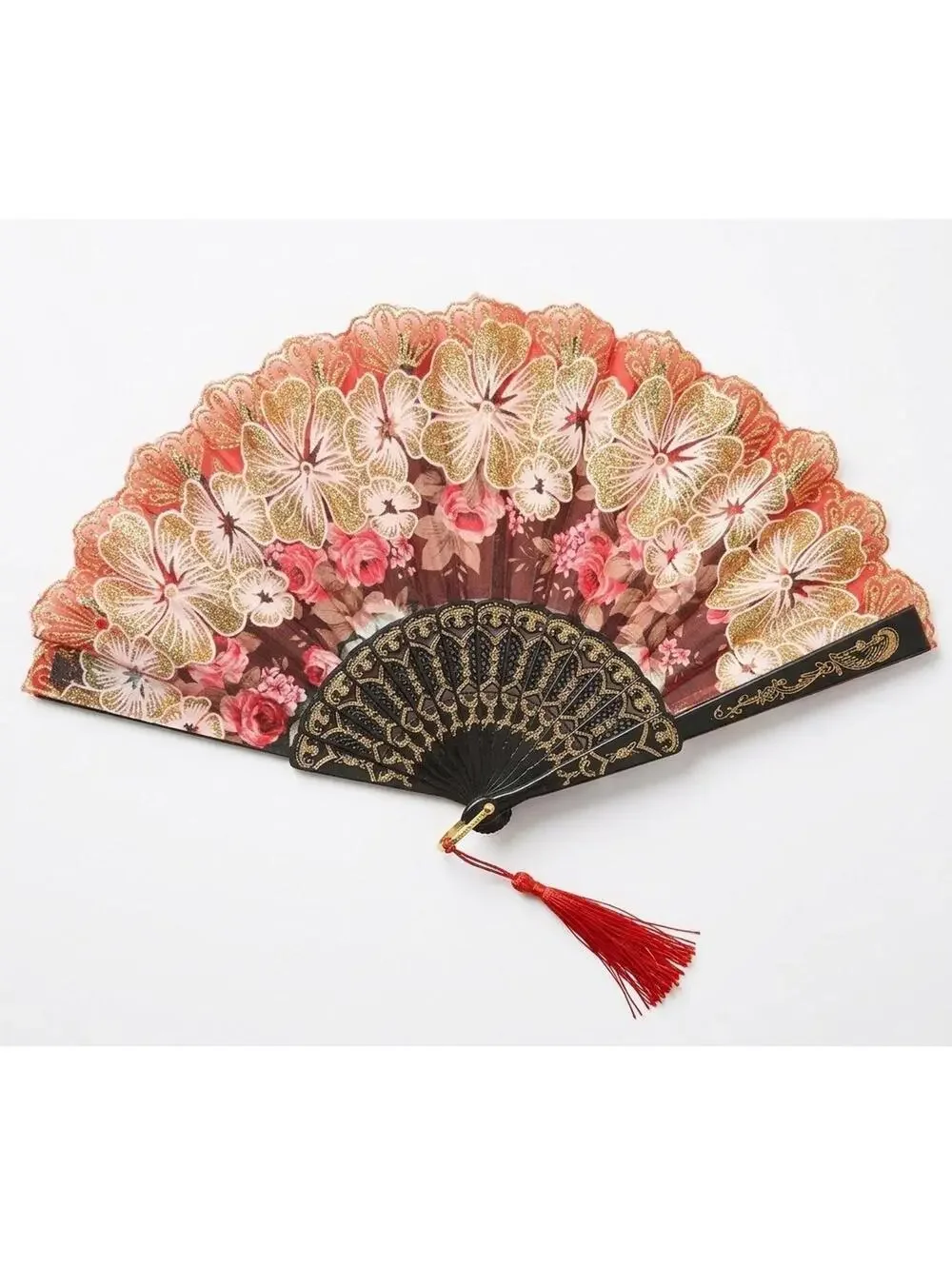 Vintage Floral Lace Hand Fan Gold Sparkle Elegant Spanish Folding Fan Red Tassel - Picture 1 of 4
